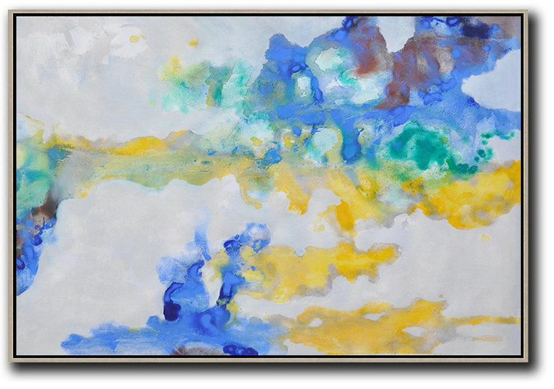 Hand Painted Horizontal Abstract Oil Painting On Canvas,Big Art Canvas,Grey,Yellow,Blue